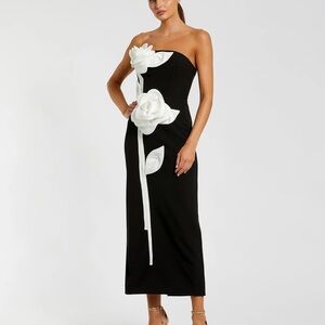 Black Strapless Crepe Ankle Dress with 3D Satin Flowers